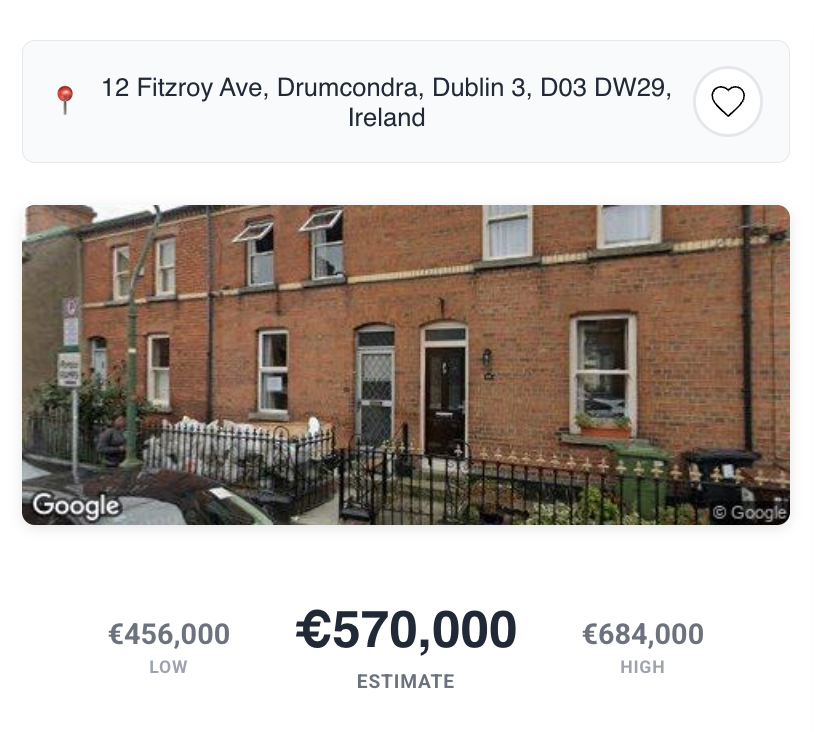 An example HomeIndex valuation showing a property in Drumcondra, Dublin with a central estimate of €570,000 and a range from €456,000 to €684,000